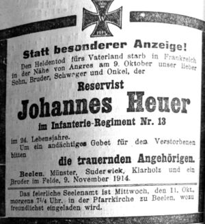 Gefallene Aus Beelen Im 1 Weltkrieg HEUER Johannes GenWiki