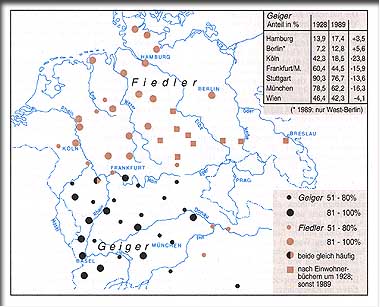 Verbreitung der Familiennamen Geiger und Fiedler (mit Varianten).