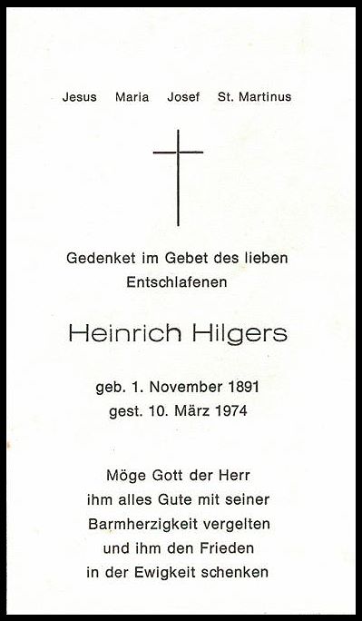 Totenzettel von Heinrich Hilgers