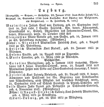 oberer Teil der Seite 523 aus Gothaisches Genealogisches Taschenbuch der Gräflichen Häuser 1874