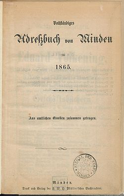 Vollständiges Adreßbuch von Minden für 1865, Titelblatt.jpg