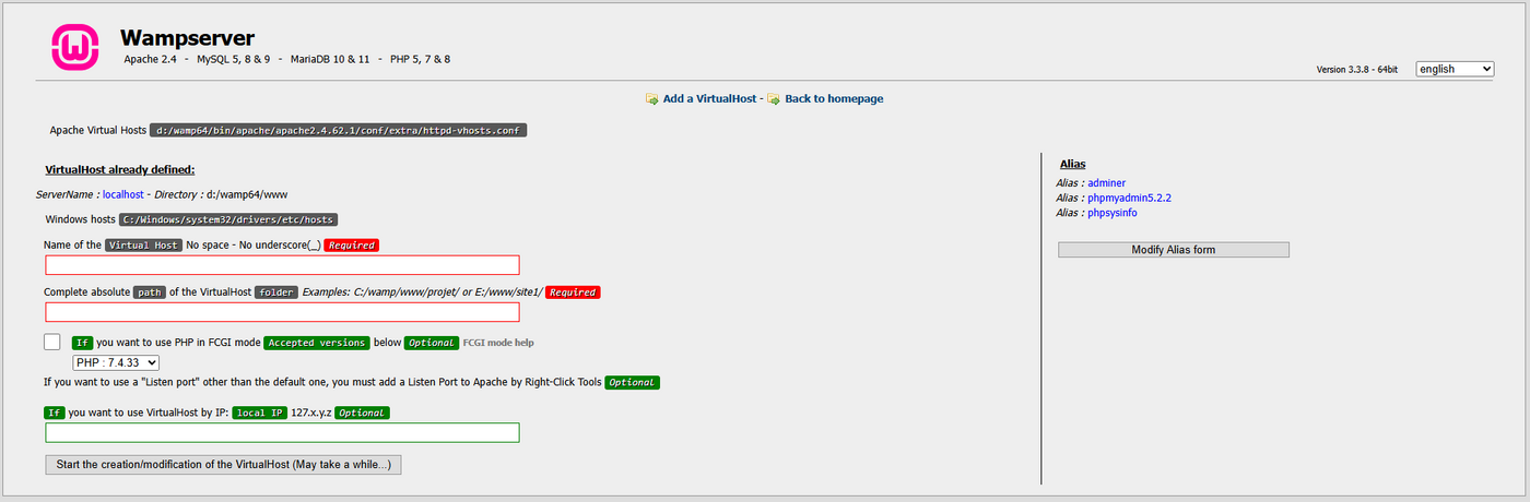 Wampserver Dashboard nach Installation+Updates