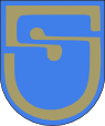 Das Wappen zeigt blau in gold das Initial der Gemeinde.