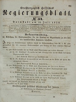 Grossherzoglich Hessisches Regierungsblatt Nr 34 Juli 1850 Seite 281.jpg