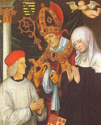 800px-Gabriel von Eyb, Bischof von Eichstätt, mit den hll. Willibald und Walburga, Tafelgemälde von Lukas Cranach d. Ä.jpg