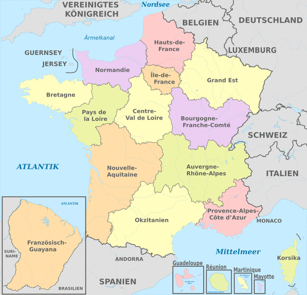 Karte der Regionen und Départements in Frankreich
