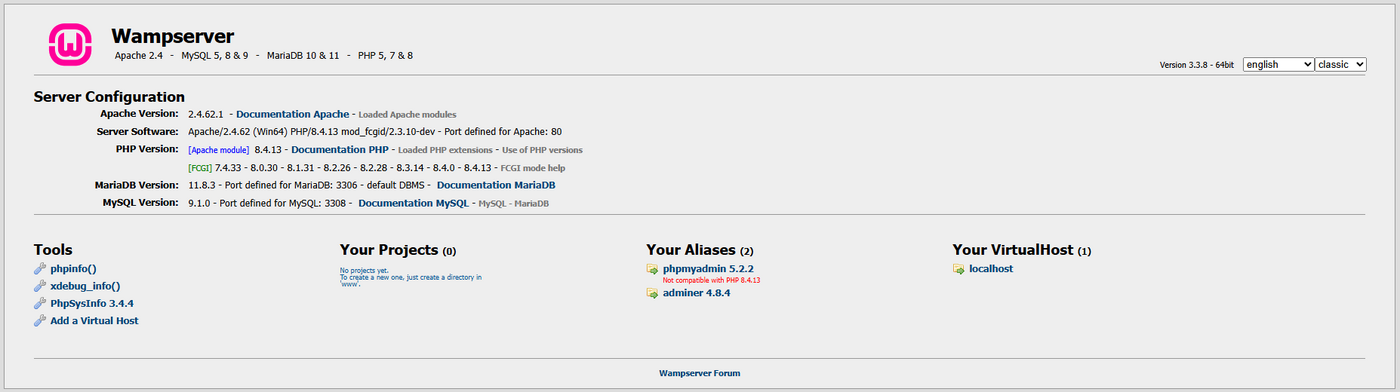 Wampserver Dashboard nach Installation+Updates+VirtualHost Management